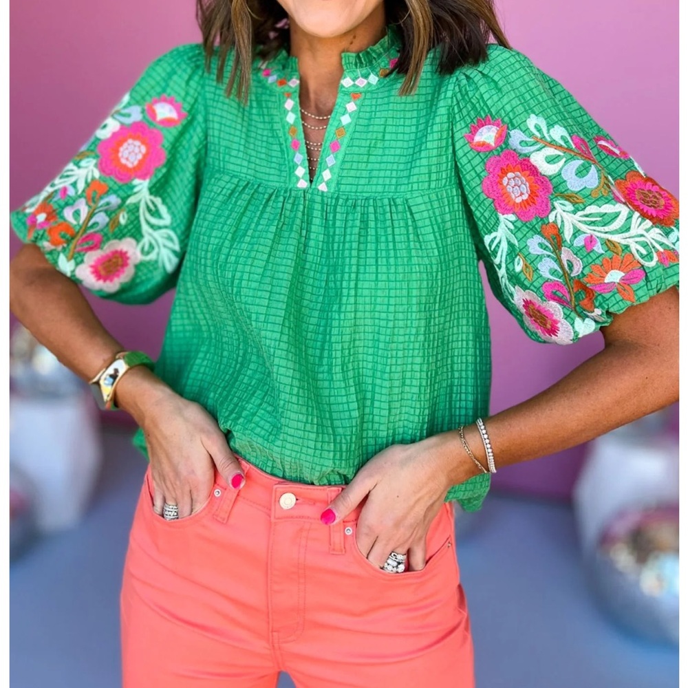 THML Green Puff Sleeved Embroidered Top